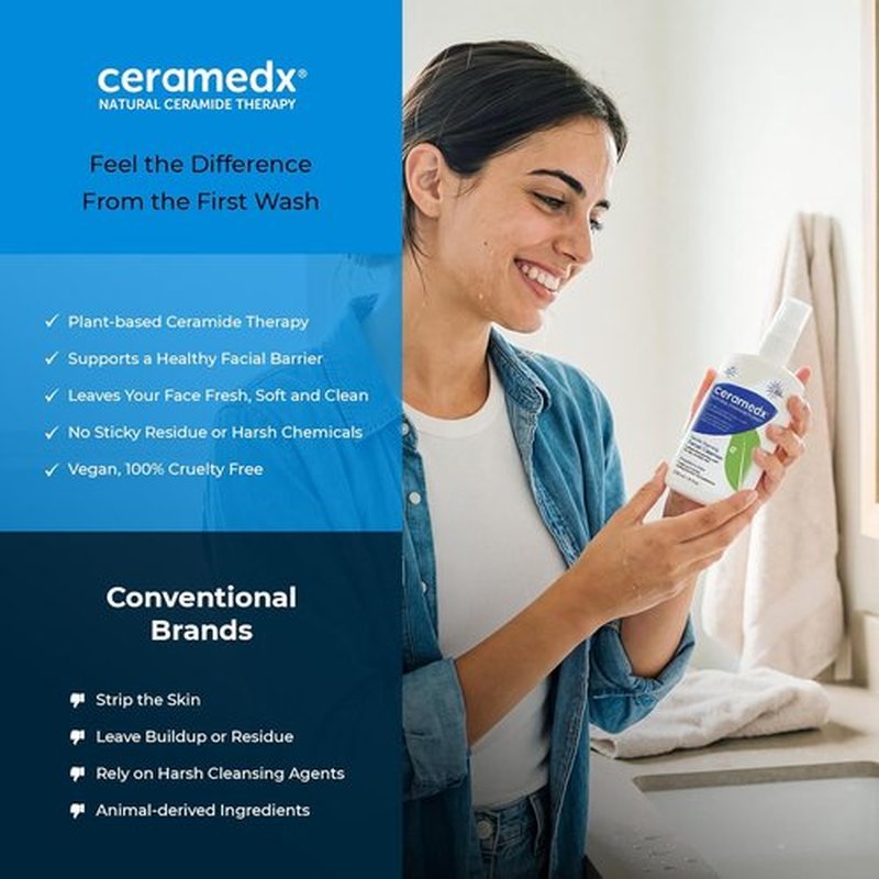 Ceramedx Gentle Foaming Facial Cleanser - Natural Ceramides for Dry, Sensitive Skin | 8 fl oz, Vegan & Cruelty-Free
