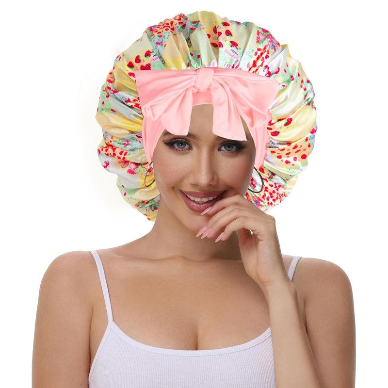 Vettres Hair Bonnet for Sleeping Satin Lined Sleep Cap Double Layer Silk Head Wrap for Curly Natural Hair Strawberry Patchwork