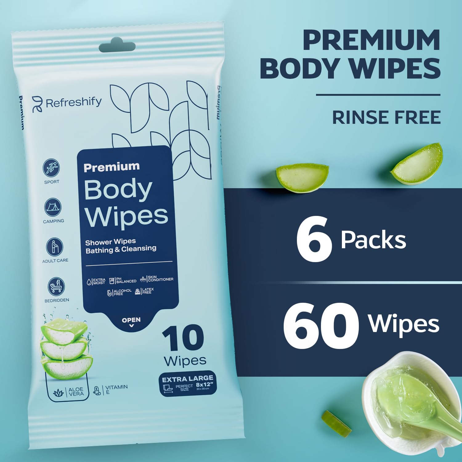 60 XL Shower Wipes – Body Wipes for Adults Bathing No Rinse – 6 Packs of 10 – Extra Moist Bath with Aloe & Vitamin E for Camping, Travel, Gym & Bedridden Care