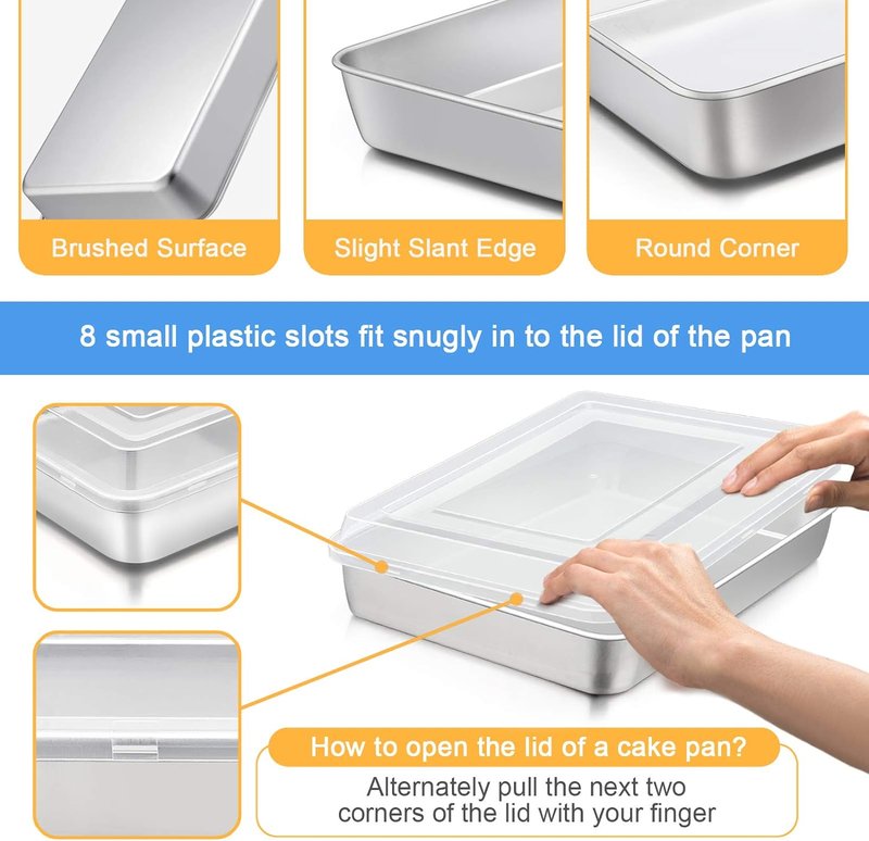 E-far Stainless Steel Baking Pan - 12⅓ x 9¾ Inch Rectangle Sheet Cake Pan with Lid | Non-Toxic, Heavy Duty & Dishwasher Safe