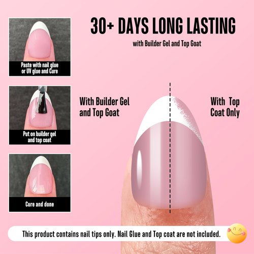 NOVO OVO Almond Short White French Tip Nail Tips Press on BERRY PINK, Extra Thick Full Cover False Fake Nails, Need Builder Gel Top Coat & Glue, for Salon DIY Acrylic Extension x 16 Sizes 224 pcs