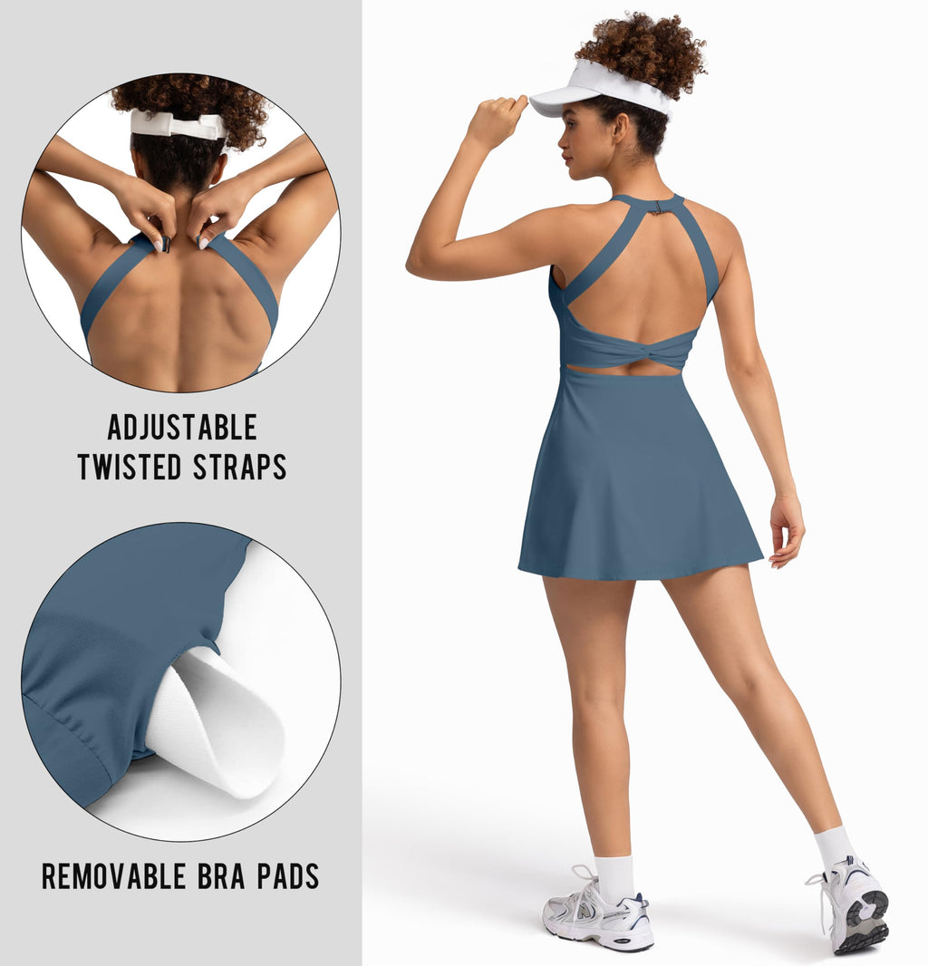 MIRITY Womens Activewear Tennis Dress - Built in Shorts with Pockets and Bra Golf Athletic Workout Dresses Blue X-Small