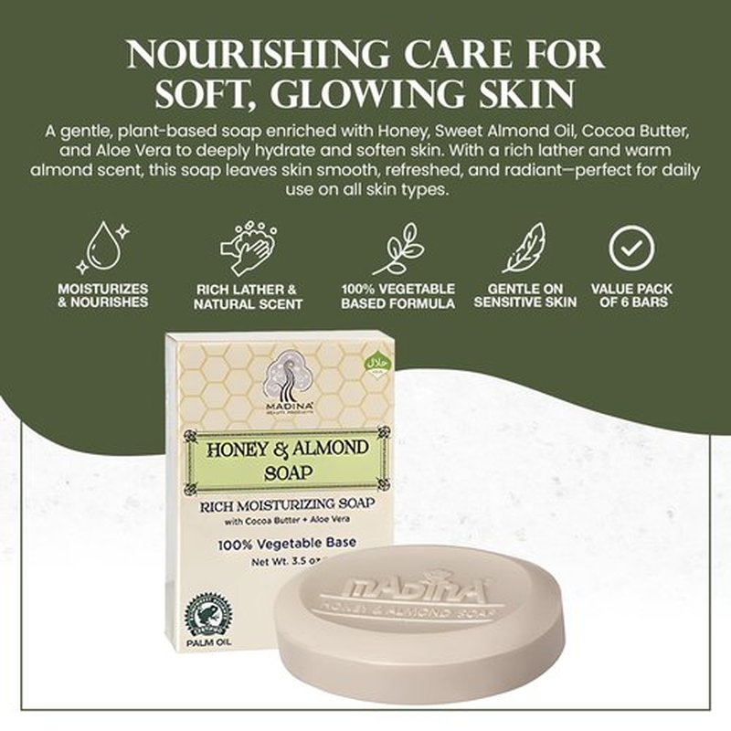 Madina Honey & Almond Soap Bar – Moisturizing, Nourishing, Sweet Almond Oil, Honey, Cocoa Butter, Aloe Vera, 100% Vegetable-Based, Halal Certified, 6 Pack (3.5 oz Each)