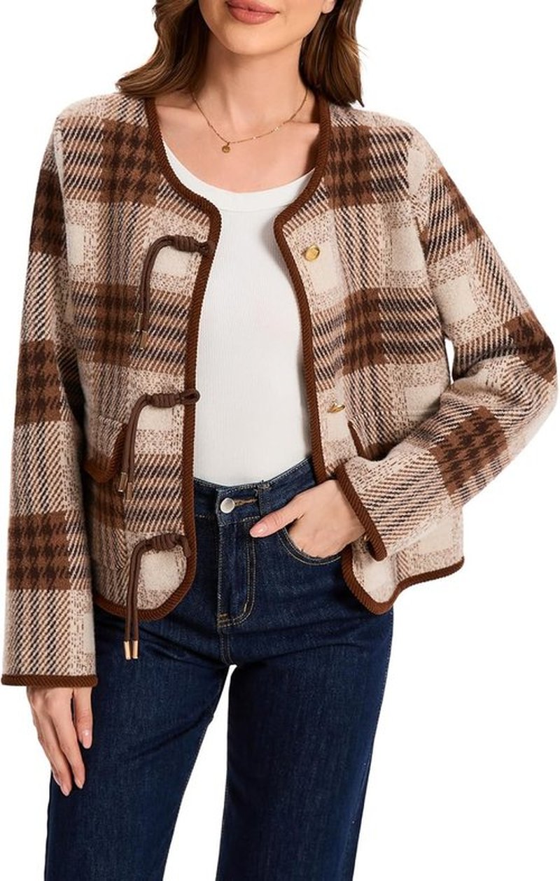 HOULENGS Women's Vintage Plaid Print Cardigan Sweater - Long Sleeve Knit Coat with Pockets
