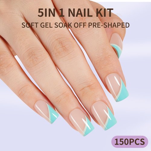 Plauva 150Pcs Short Press On Nails, French Tip Press On Nails, Soft Gel Stick On Nails Reusable Square Fake Nails for Women 15 Sizes, Pastel Curves