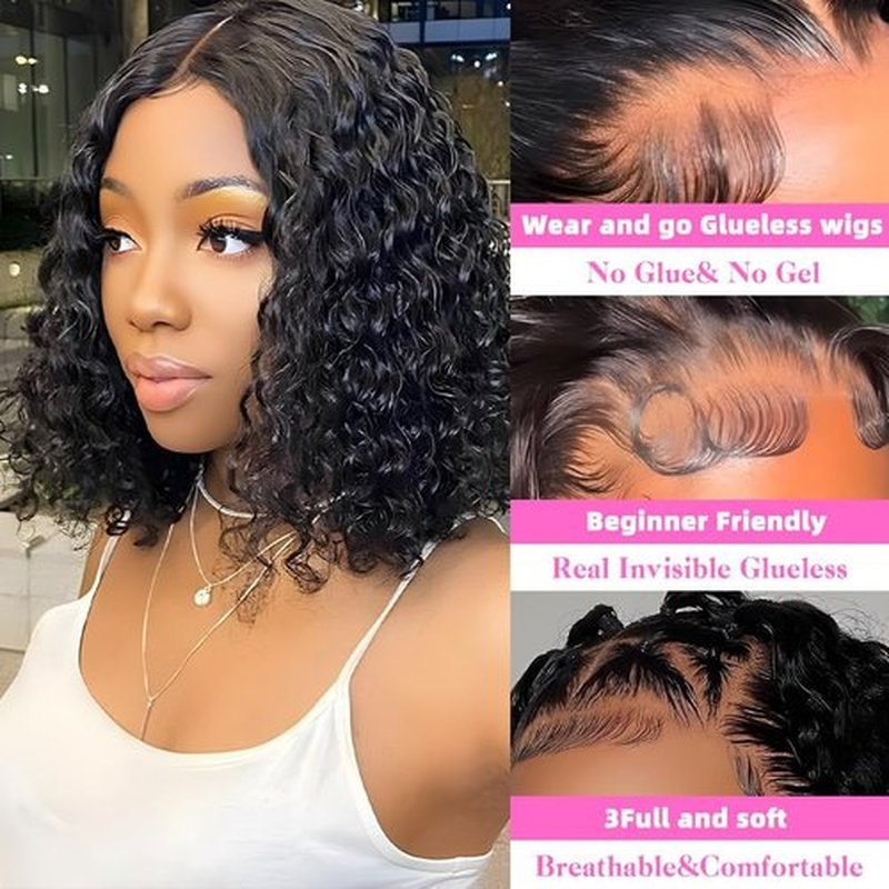 ISWEET HD Glueless Wigs Human Hair Pre Plucked Pre Cut Bob 4x4, 8 Inch Light Brown 210% Density Hairline Curly Bob Wig Human Hair, Wear and Go Deep Wave Lace Front Wigs Human Hair for Black Women