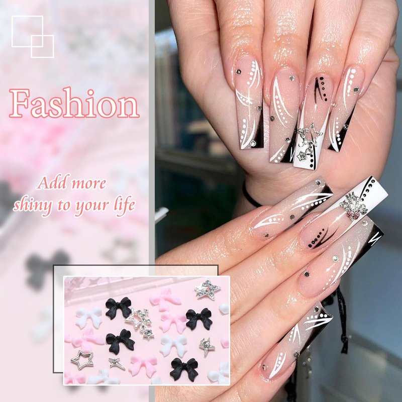 YAEISM Bow Nail Charms Kit, 3 Colors Resin Bows, 6 Types Star Charms, Shiny Rhinestones with Glue Gel, Tweezer and Pickup Pencil for Nail Art and DIY Crafts Decoration