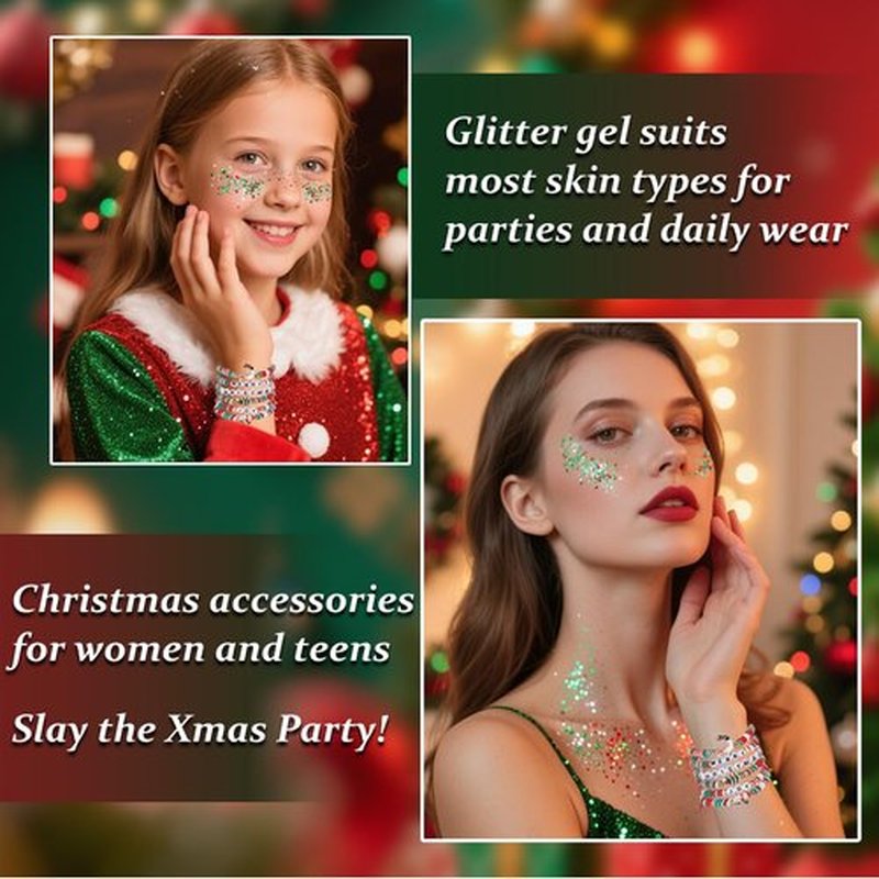 Mysense Christmas Glitter Stick for Face Hair Body and 6 Pack Joy & Merry Christmas Bracelets Set,Christmas Accessories for Women,Festive Stocking Stuffers,Party Favors and Decorations