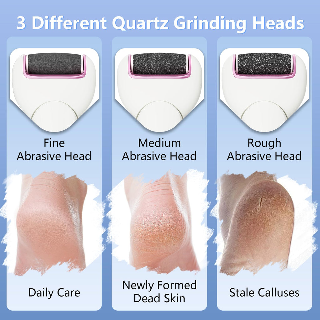 Electric Feet Callus Removers Waterproof Foot File Pedicure Tools Rechargeable Callous Removers with 3 Grinding Head for Dry Dead Skin Hard (Pink)