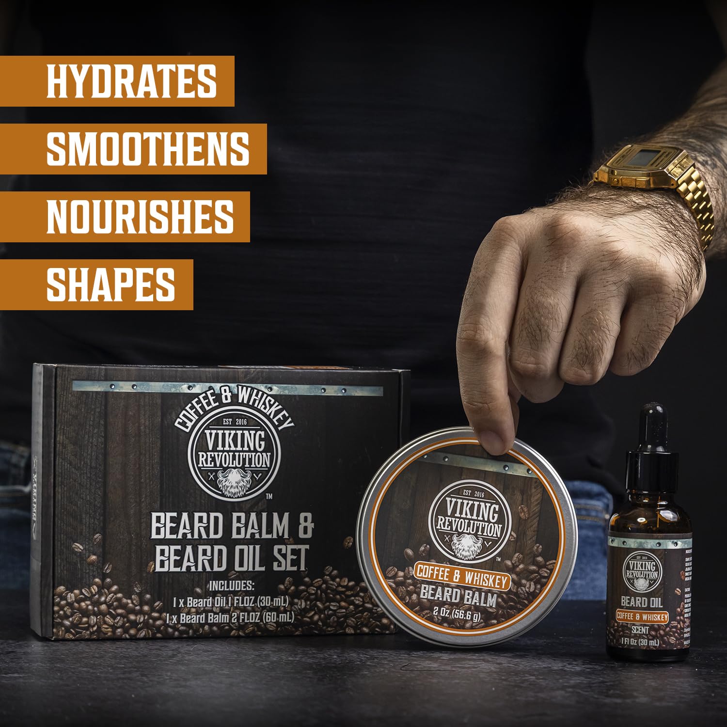 Viking Revolution Coffee and Whiskey Beard Balm for Men (2oz) and Beard Oil (1 fl oz) Kit - With Argan and Jojoba Oils - Soften and Moisturize - Stocking Stuffers for Men