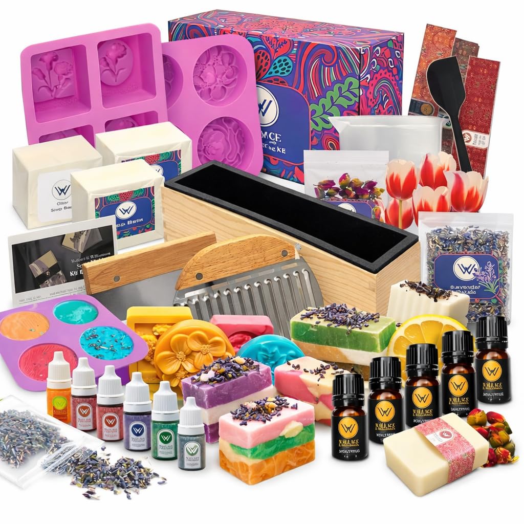 Wallace & Williamson Deluxe Soap Making Kit - Adults & Kids - Modern Floral Theme - Includes Shea Butter Soap Base, Molds, Scents, Dyes, Tools & Instructions