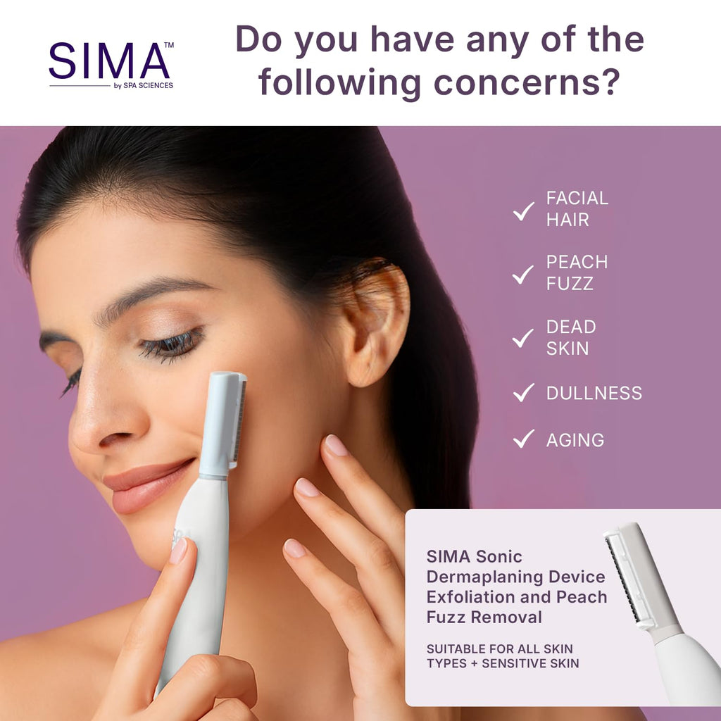 SPA SCIENCES - SIMA Patented Dermaplane Razor for Women Face – Painless 2-in-1 Facial Exfoliation & Peach Fuzz Hair Removal – Anti-Aging – 3 Speeds – Rechargeable – 7 Weeks Treatment