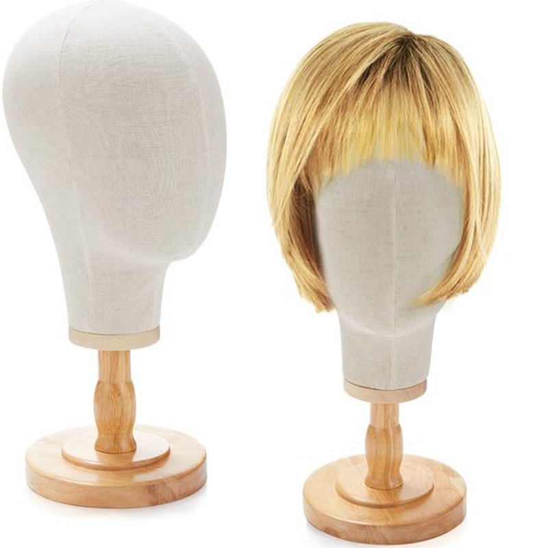 RattanView 2 Pcs Wig Stand with Head 23 Inch Linen Mannequin Head with Wooden Stand Canvas Mannequin for Hats Wigs Caps Headdress Home Store Hair Salon(Beige)
