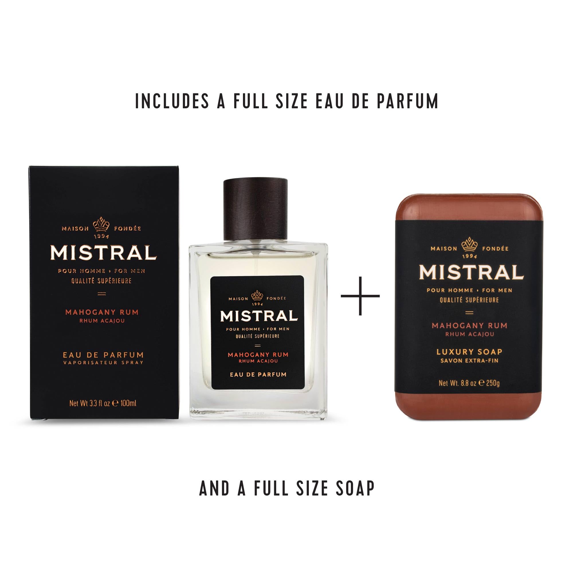 Mistral Mahogany Rum Men's Gift Set | Eau de Parfum 3.3oz Cologne Spray & 8.8oz Triple Milled Soap | Rum, Amber, Spice & Caramelized Woods Scent | Premium Men's Grooming Gift Set - Made in France