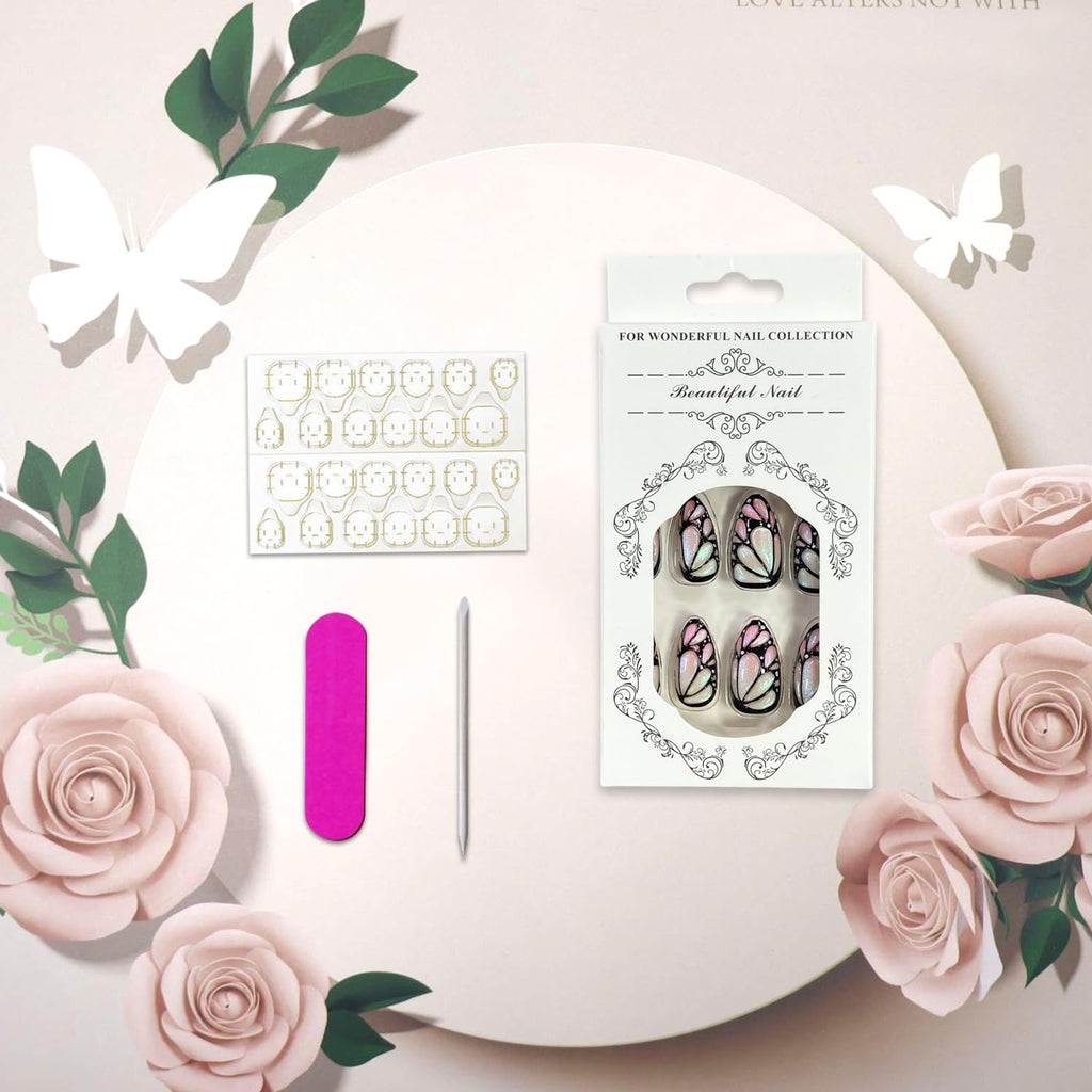 Vopintpy 3D Butterfly Pattern Press on Nails Medium Almond Fake Nails with Design Glossy Acrylic Glue on Nails Full Cover Stick on Nails for Women DIY Charm Manicure Decor