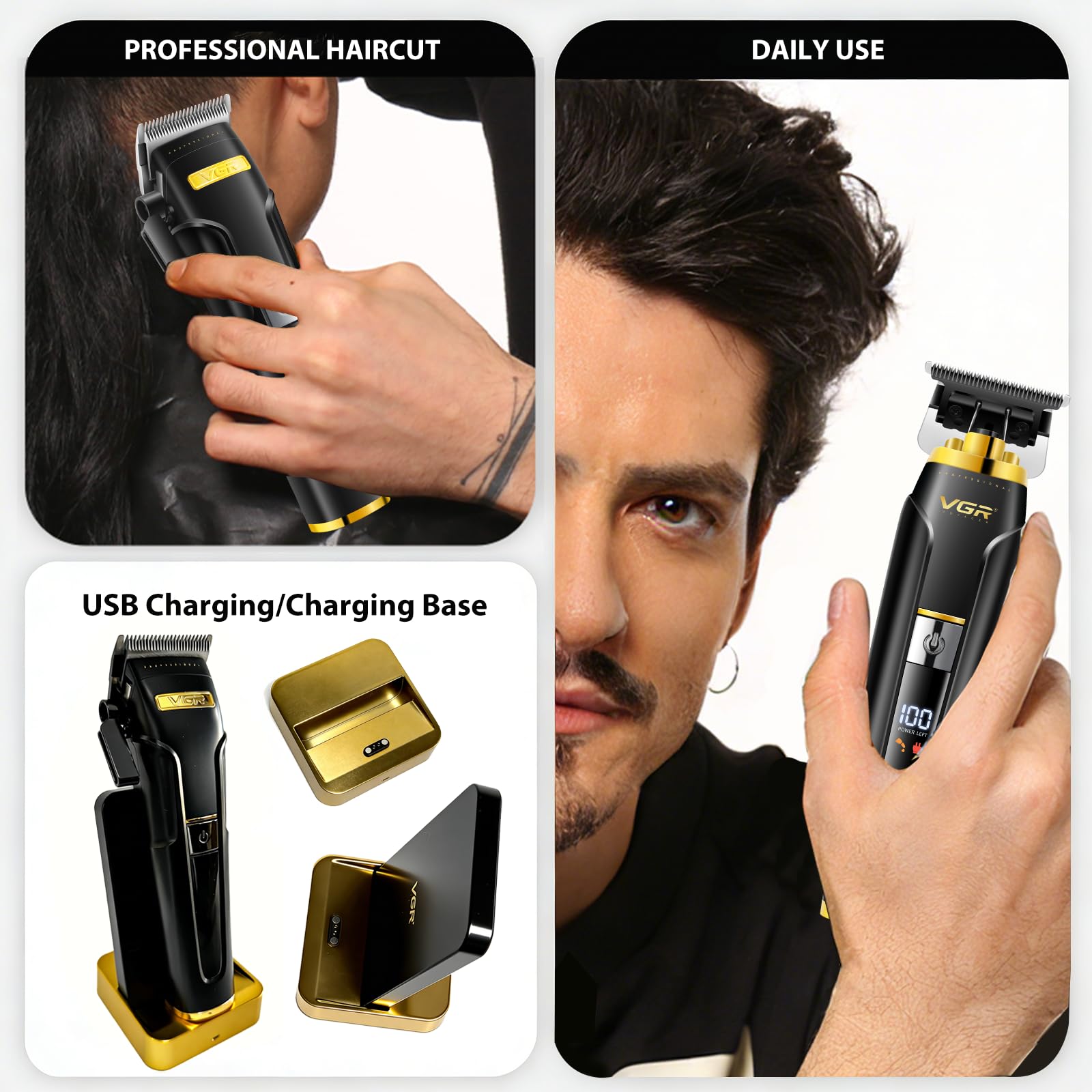 VGR 694S2 Professional Hair Clippers for Men - Cordless Barber Clipper & Trimmer Set with Charging Dock, 440 Min Runtime & LED Display - Rechargeable Hair Cutting Kit for Barbers & Home Use(Black)