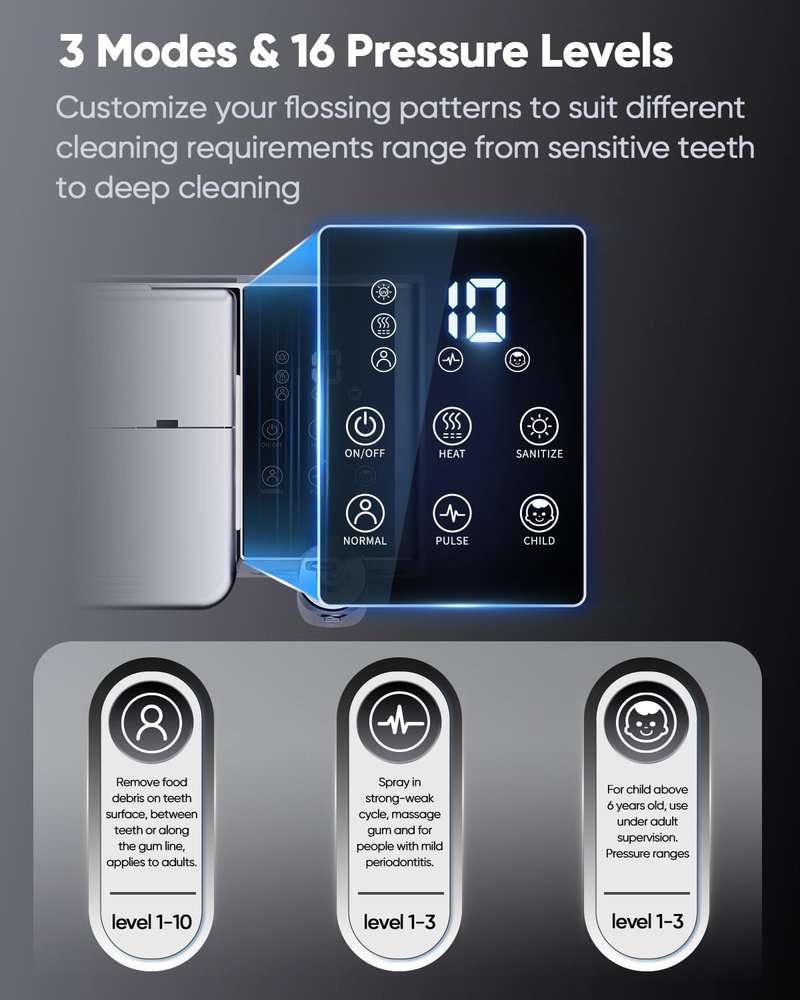 MySmile LP233 Pro UVC Sterilizable Countertop Water flossers for Teeth 800ML Digital Display Electric Oral Irrigator with a Water Filter 3 Modes and 6 Jet Tips (Frosted Silver)