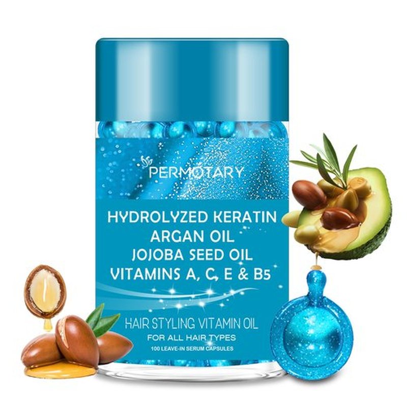 100 Capsules Styling Serum With Keratin, Treatment Oil for Frizzy Hair, Serum With Vitamins A, C, E & B5, Argan Avocado Oil for All Types, Leave-in Conditioner for Women & Men
