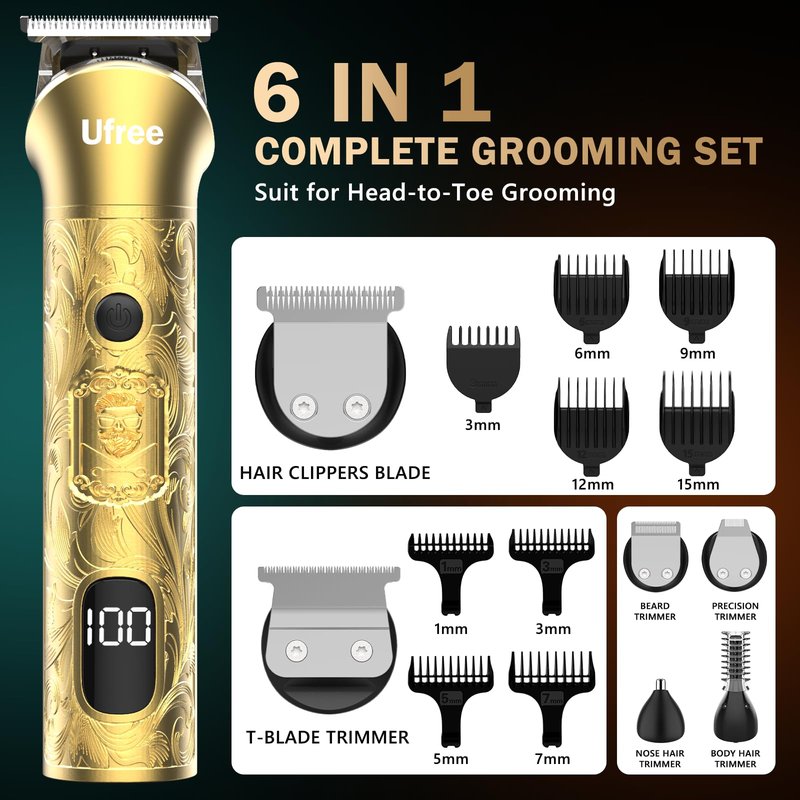 Ufree 8 in 1 Professional Hair Cutting Kit, Hair Clippers for Men, Cordless Clippers and Trimmers Set, Beard Trimmer, Electric Shaver with Rechargeable, Grooming Gifts for Barber & Home Use