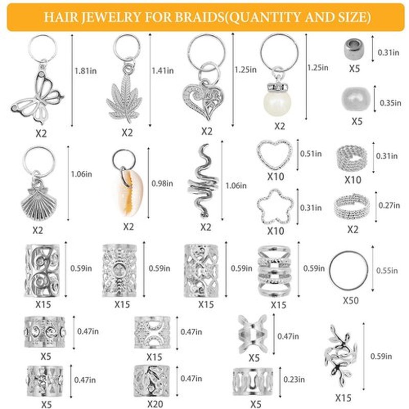 236PCS Silver Hair Accessories: Jewelry and Charms for Braids, Rings, and Cuffs - Ideal for Dreadlocks, Locs and Raves