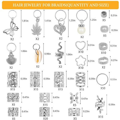 236PCS Silver Hair Accessories: Jewelry and Charms for Braids, Rings, and Cuffs - Ideal for Dreadlocks, Locs and Raves
