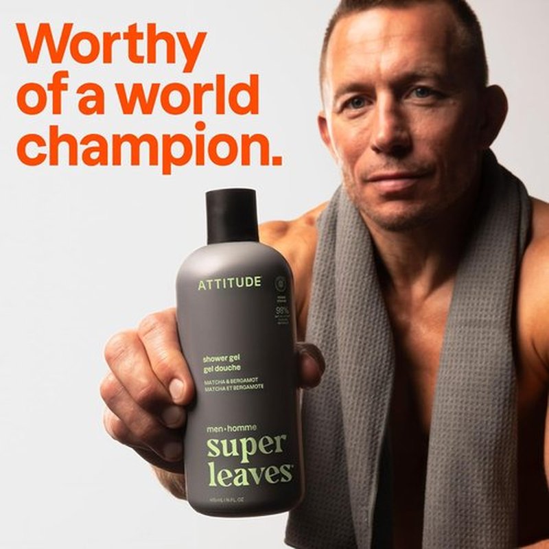 ATTITUDE Shower Gel - Men's Body Wash with 98% Natural Ingredients | Matcha & Bergamot, 14 Fl Oz