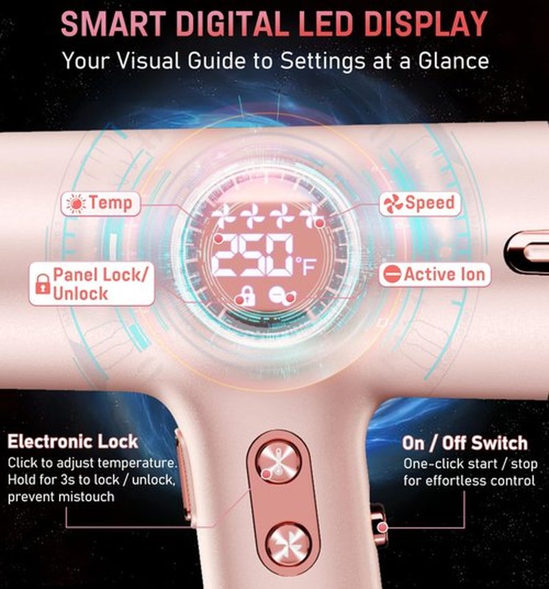 FMZ Professional Hair Blow Dryer with Smart Display, 1875W High Speed BLDC Motor for Fast Drying, Portable Mini Lightweight Quiet, Pink Curly Ionic Diffuser HairDryer for Women Girls Teen Salon Travel