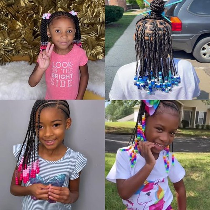 Kid's Summer Kids Ponytail Extension With Beads Box Braids Hair Extensions For Kiddie Synthetic Hairpieces With Bows Protective Easy Fashion Hairstyle For Baby Girls Toddler Gift (Pink, Box-9inch)
