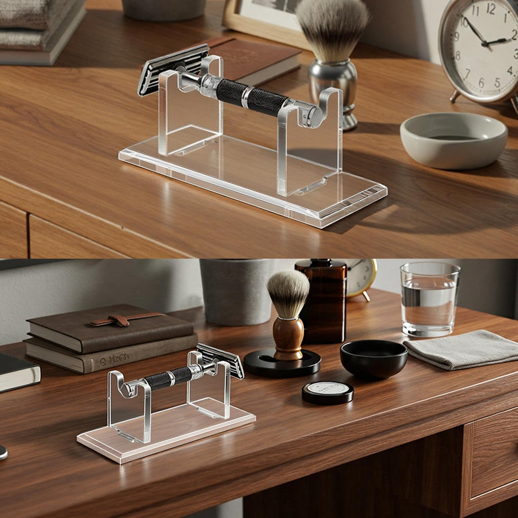 Fiwochic 2 Pcs Acrylic Men's Razor Stand Holder Safety Razor Stand Stable Storage Bracket Shaving Brush Stands Bathroom Compatible with MK23C, Clear