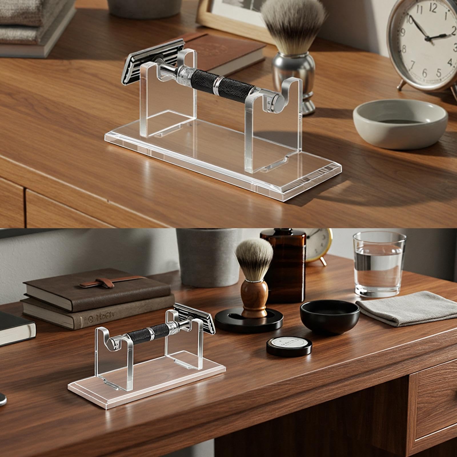 Fiwochic 2 Pcs Acrylic Men's Razor Stand Holder Safety Razor Stand Stable Storage Bracket Shaving Brush Stands Bathroom Compatible with MK23C, Clear
