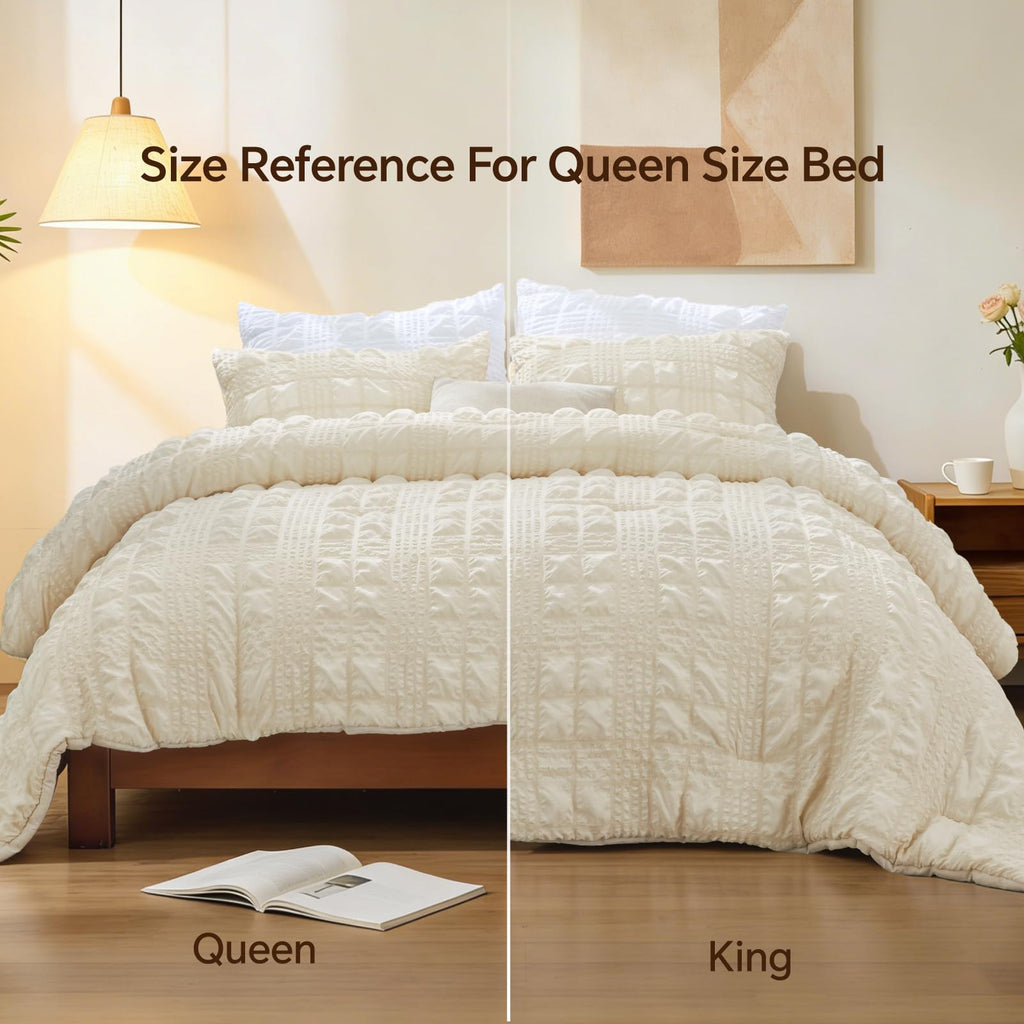 BEDELITE Cream King Size Comforter Set, All Season Luxury Seersucker Bedding Set with Pillowcases, Soft Lightweight Comforter 3 Pieces for Bedroom