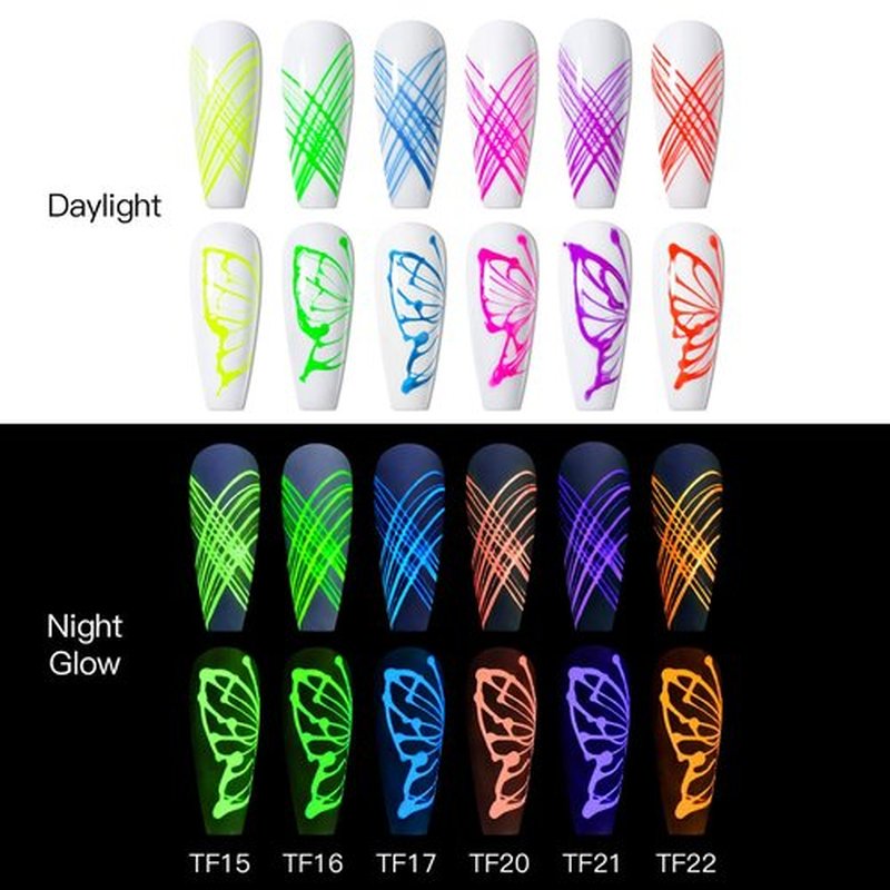 MEET ACROSS 6 Colors Luminous Spider Gel, Glow In The Dark Nail Art Drawing Gel for Line, Painting Elastic Drawing Spider for Nail Art, Soak off UV LED, DIY Manicure with Brushes