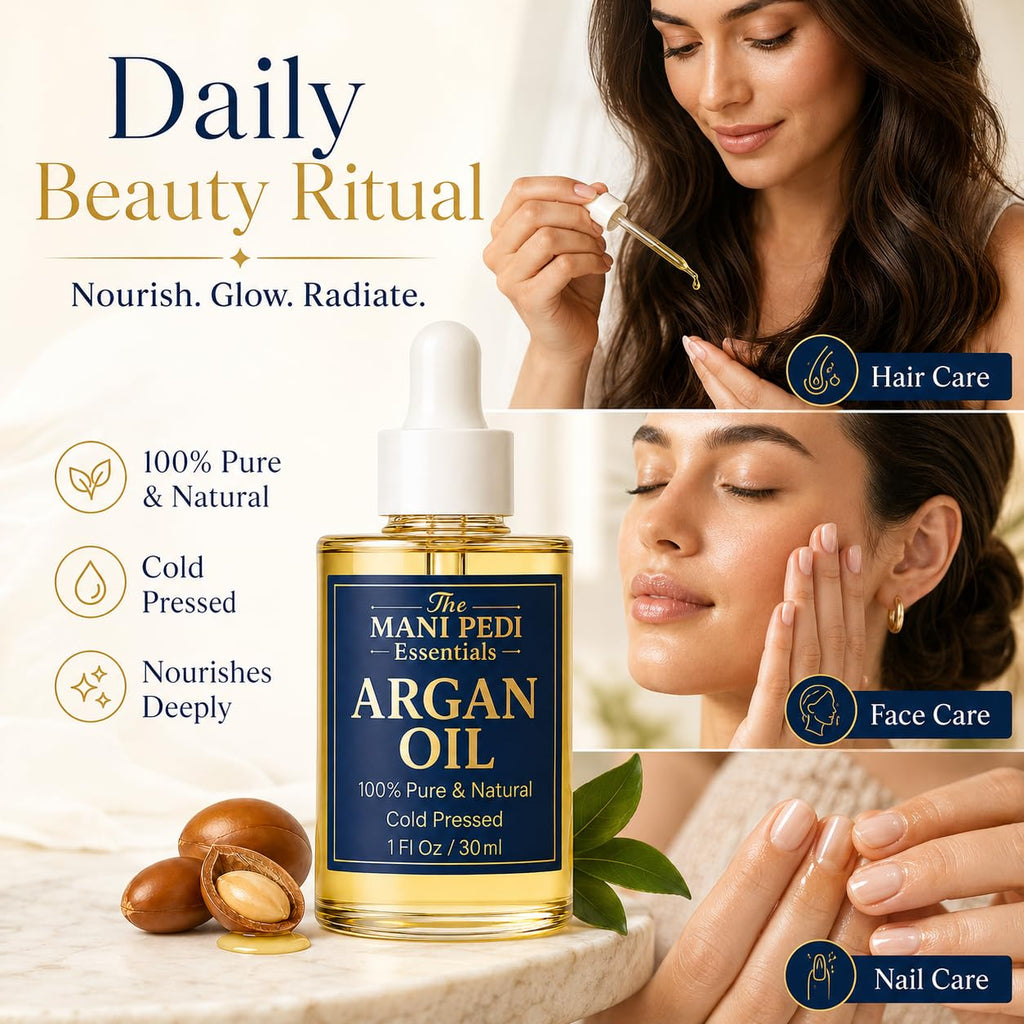 The Mani Pedi Essentials TMPE Argan Oil for Hair & Skin – 100% Pure Cold-Pressed Argan Oil, Lightweight Non-Greasy Hair Oil for Dry Damaged Hair, Face & Body Moisturizing Oil, Daily Use – 1 fl oz