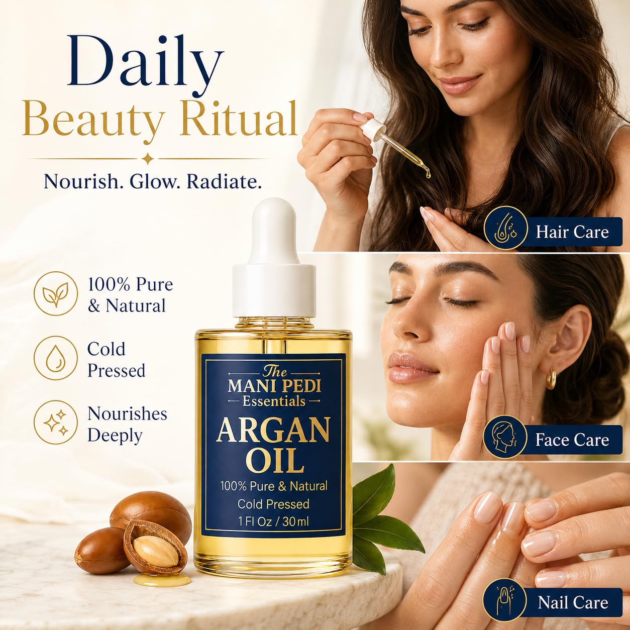 The Mani Pedi Essentials TMPE Argan Oil for Hair & Skin – 100% Pure Cold-Pressed Argan Oil, Lightweight Non-Greasy Hair Oil for Dry Damaged Hair, Face & Body Moisturizing Oil, Daily Use – 1 fl oz