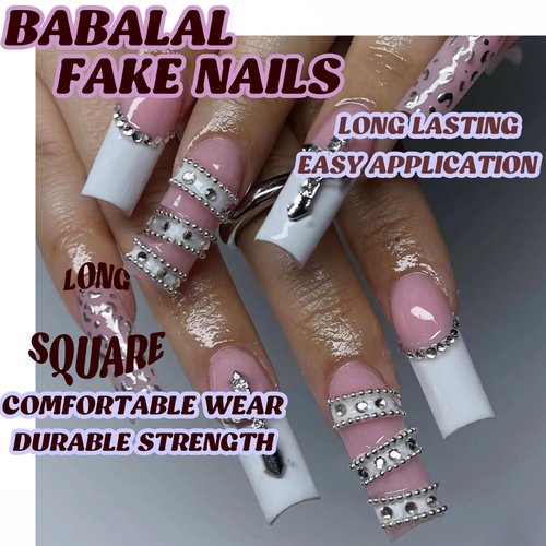 BABALAL Extra Long Press on Nails Square Fake Nails White French Tip Glue with Cross Charm Gothic Acrylic Nails Silver Chrome Leopard Y2k 24Pcs Squoval Handmade False Nails for Women Girls