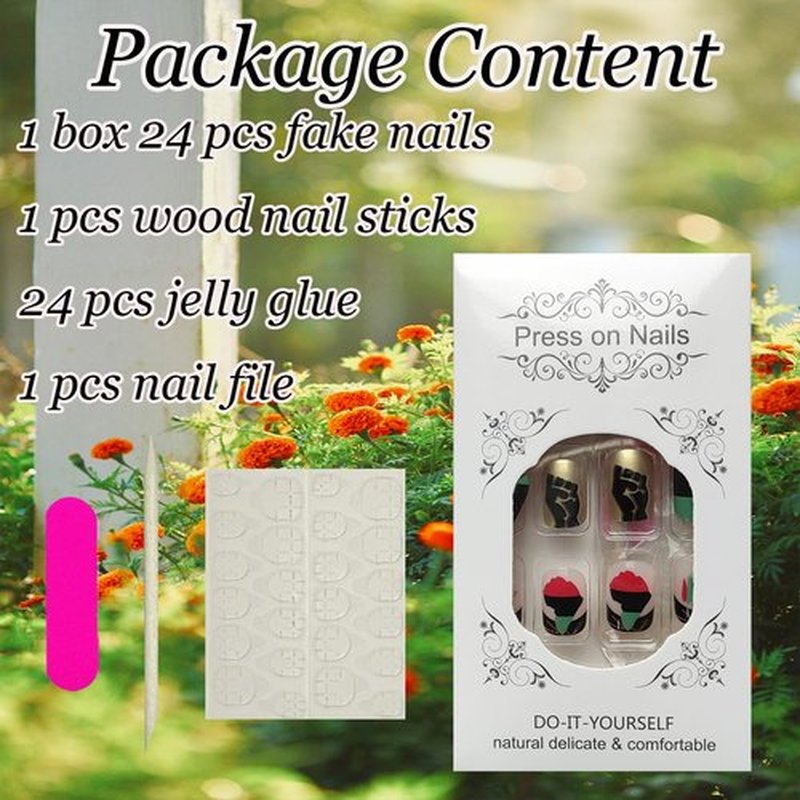 BMKKOT Juneteenth Press on Nails Short Fake Nails Black Liberation History Day Design Glue on Nails 19th of June French Tip False Nails Square Acrylic Nails for Women Juneteenth Nails Decoration 24Pcs