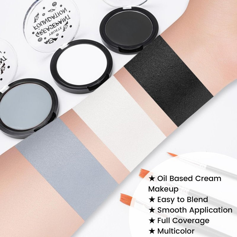 YBUETE Black White Grey Oil Based Face Paint Kit with Painting Brushes, Professional Full Coverage Greasepaint Halloween Face Painting Kit for Adult Cosplay Skeleton Monster Carnival Makeup