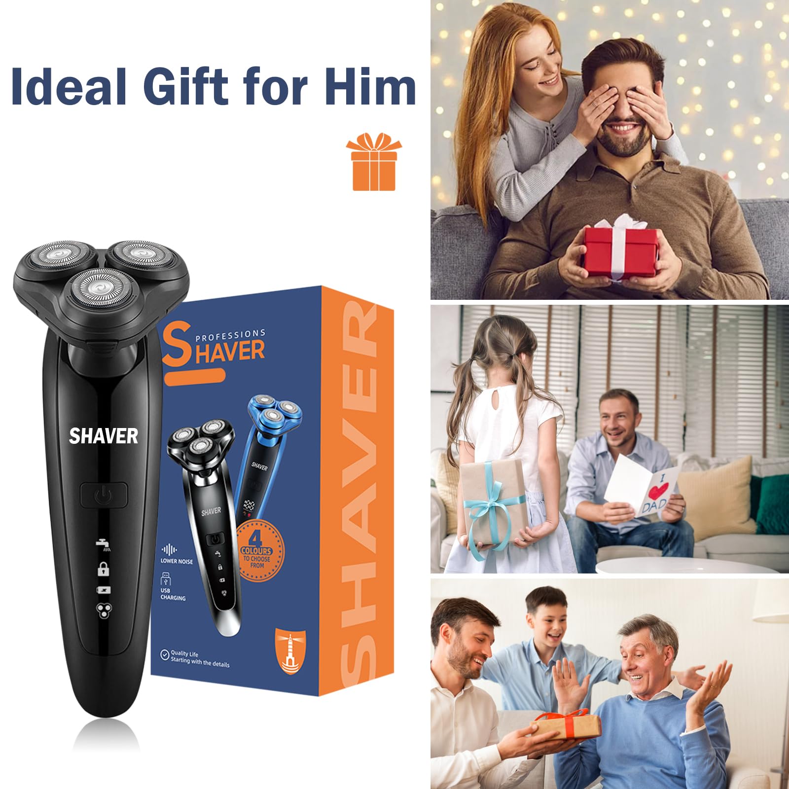 Electric Razor for Men - Rechargeable Shaver 3D Precision Blades with Pop-up Trimmer - Rotary Cordless Shavers Washable Gentle on Sensitive Skin for Beard Sideburn Face with Travel Lock Men Gift