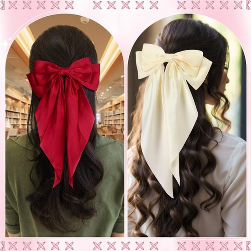 Hoteam 12 Pcs Silky Satin Oversized Hair Bows Bulk Big Hair Bows for Women Valentines Long Tail Large Bowknot Barrettes Galentines Barrettes Clips Ribbon Bow Accessories Gifts(Fresh)