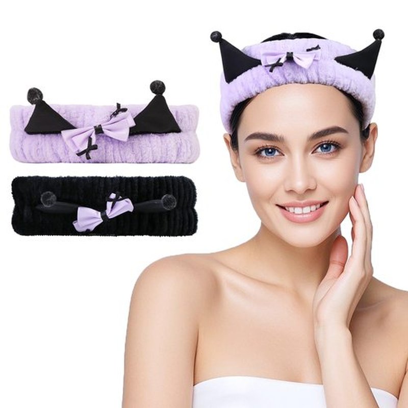 FlyingMage Spa Headband for Washing Face, 2 Pack Cute Hair Band for Shower Yoga Beauty, Fluffy Makeup Headband, Kawaii Facial Headbands for Woman Girls, Purple+Black Ear