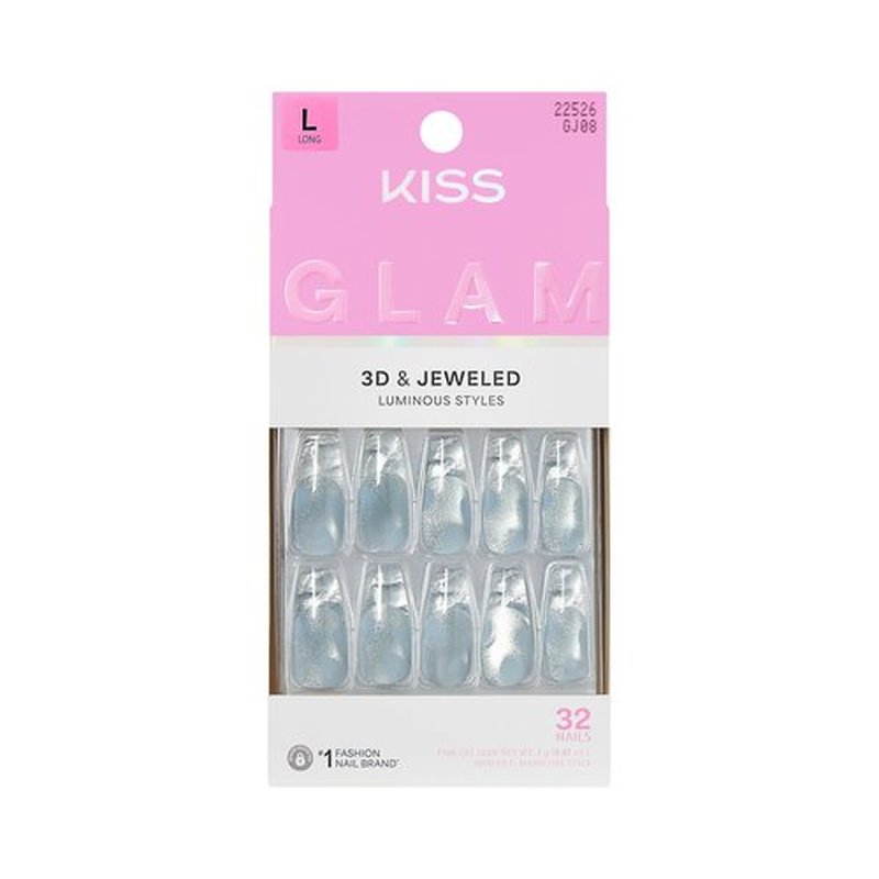 KISS GLAM Jeweled Press On Nails, Seraphic, Blue, Long, Coffin, 32 Count