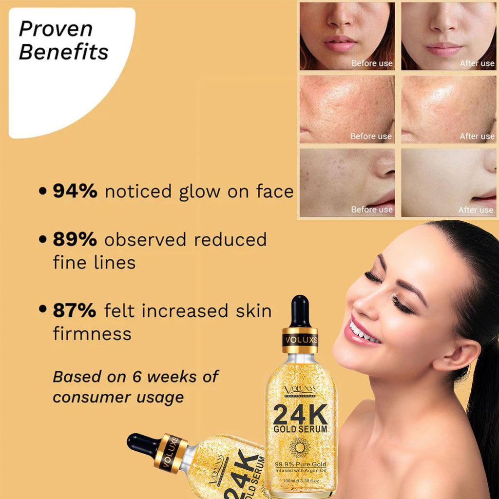 24K Gold Anti-Aging Face Serum 2Pack with Vitamin C & Hyaluronic Acid. Real 24k Gold Serum for face Boosts Collagen, Reduces Dark Spots & Fine Lines for Hydrated, Radiant Skin 6.76fl.oz