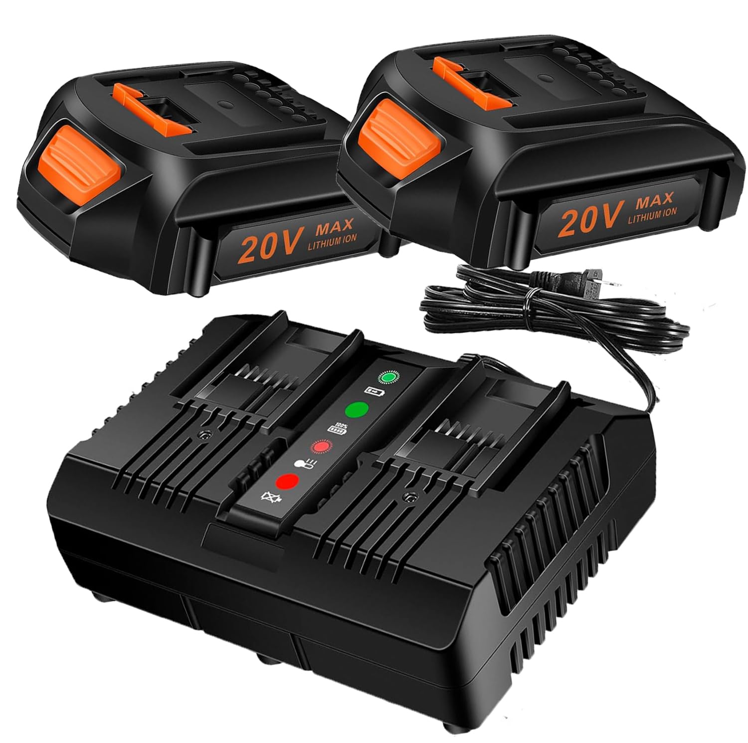 CELL9102 2Packs Replacement Battery 20V and Charger Starter Kit 3.0Ah Lithium Battery Compatible with Worx 20 Volt Cordless Power Tools