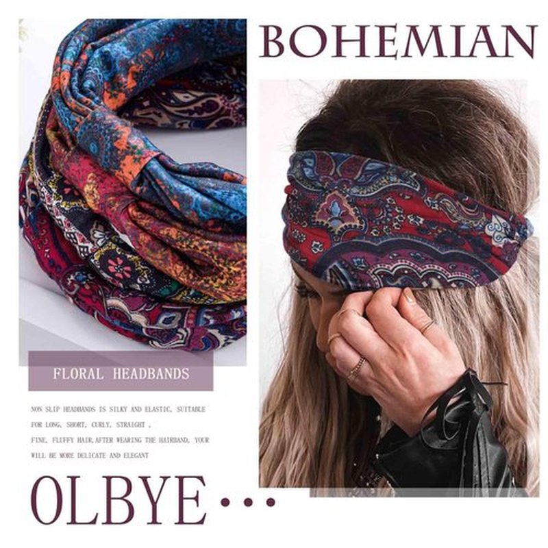 Olbye Wide Boho Headbands Floral Stretch Head Wraps Bohemian African Turban Hairbands Knotted Bandana Headband Yoga Running Head Scarfs Workout Hair Accessories for Women 4Pcs (Boho, 9.4 * 5.9'')
