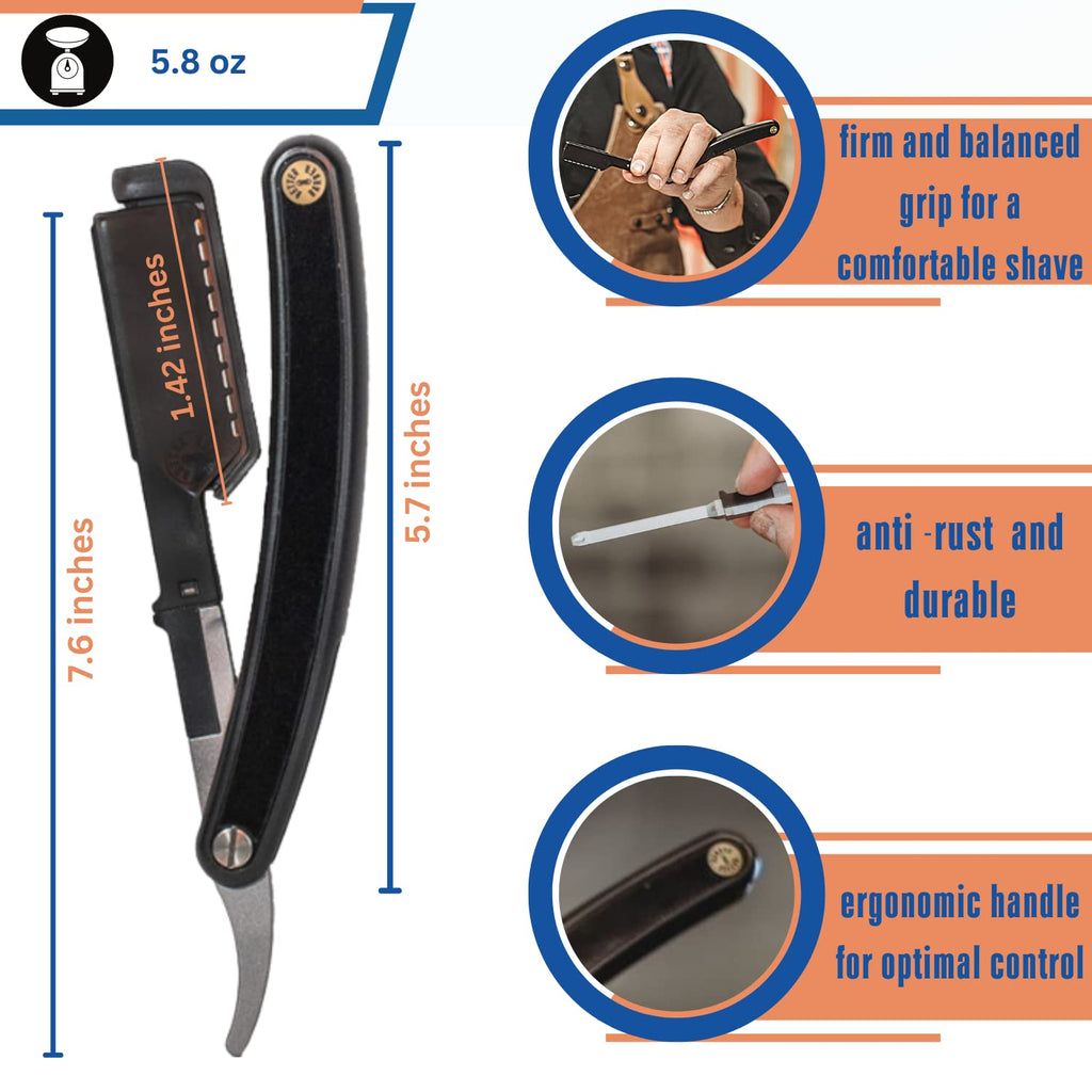 Homie Patented Straight Edge Razors for Men, Close Shaving Razor for Beard with 11 Disposable Blades, Easy to Use and Replace Single Edge Razor Blades with Protective Layer & Safety Lock - Black Zebra