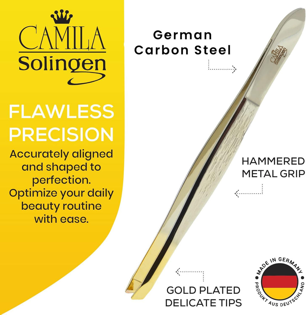 Camila Solingen CS29 3 1/2" Gold Tipped, Surgical Grade, German Carbon Steel Tweezers (Slanted) - Flawless Eyebrow and Facial Hair Shaping and Removal for Men/Women