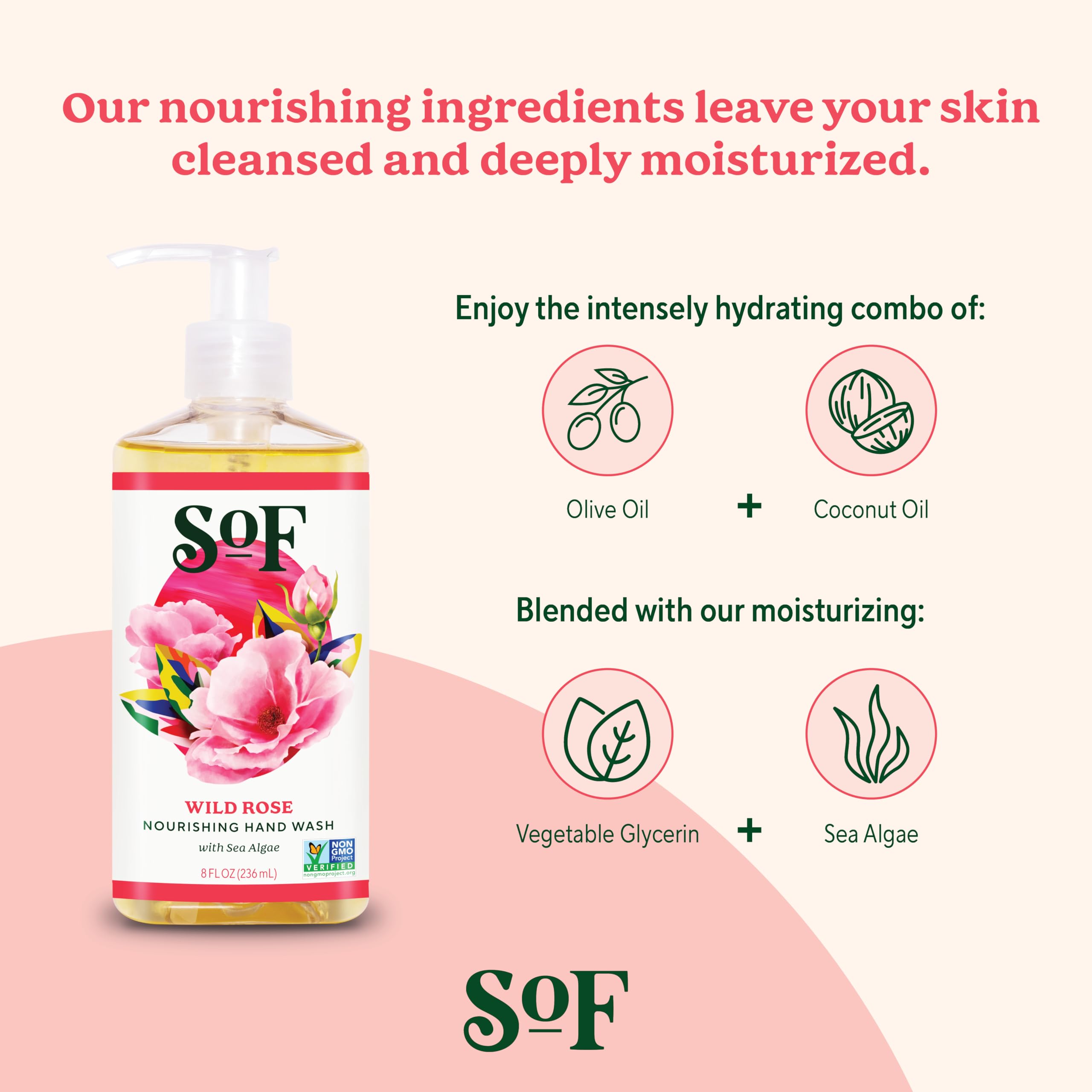 South Of France SoF Nourishing Hand Wash - With Moisturizing Sea Algae, Coconut & Olive Oil- Vegan & Non GMO- Free From Phthalates, Sulfates & Parabens- Wild Rose - 8 oz Bottle 3 Pack