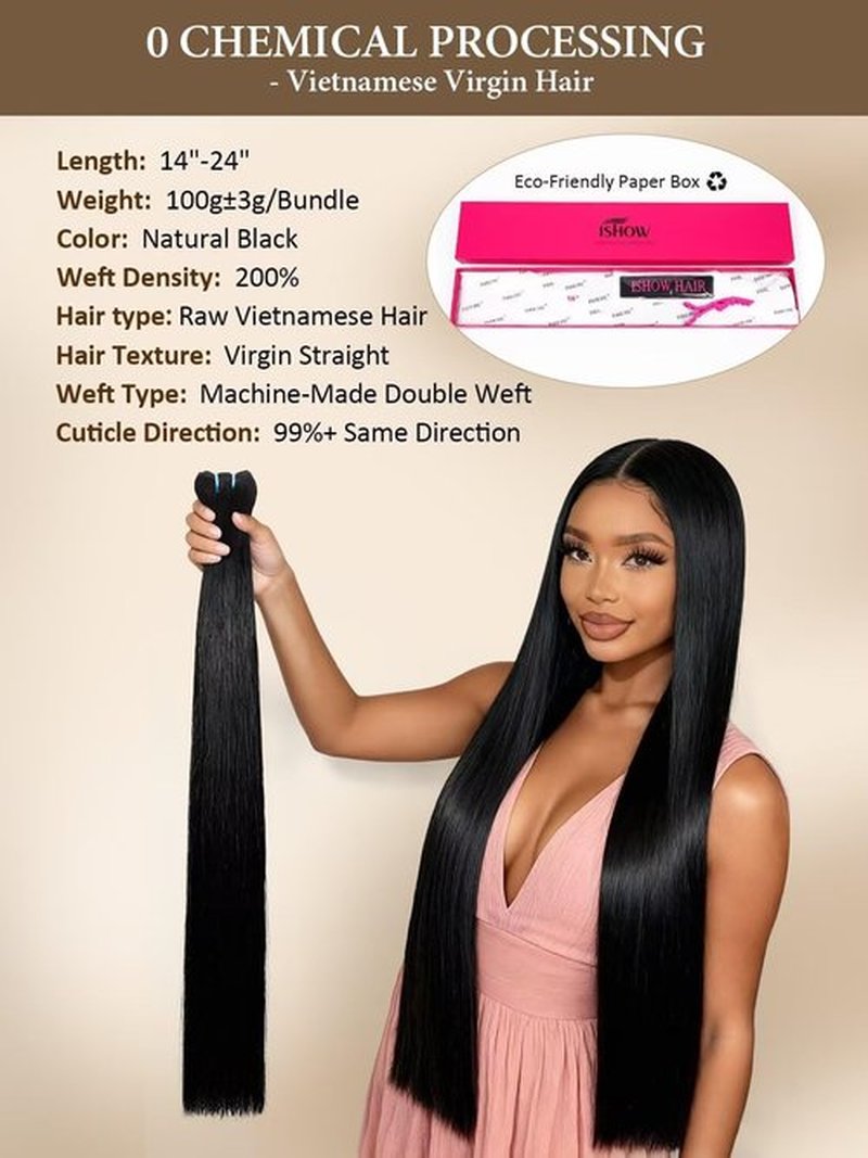 ISHOW Raw Vietnamese Human Hair Bundles, 100% Unprocessed Virgin Single Chemical-Free Straight Bundle, Silky Shinny After Multiple Washes, Longer Lifespan, Back to Nature, Natural Black 14 Inch 100g