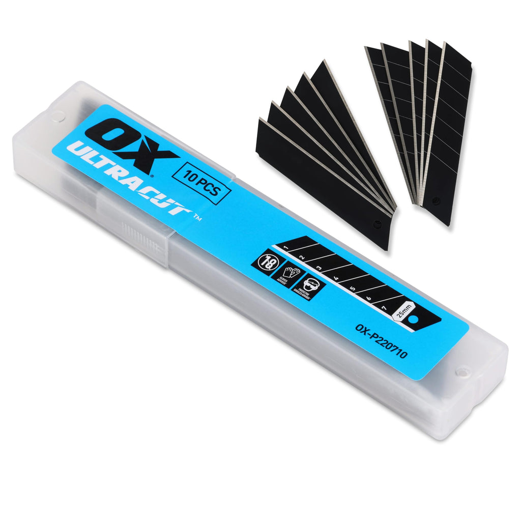 OX Pro 25mm Snap-Off Utility Blades SK5 Steel, 10 Pack - Heavy-Duty Box Cutter Refill with 7 Segments for Clean Cuts