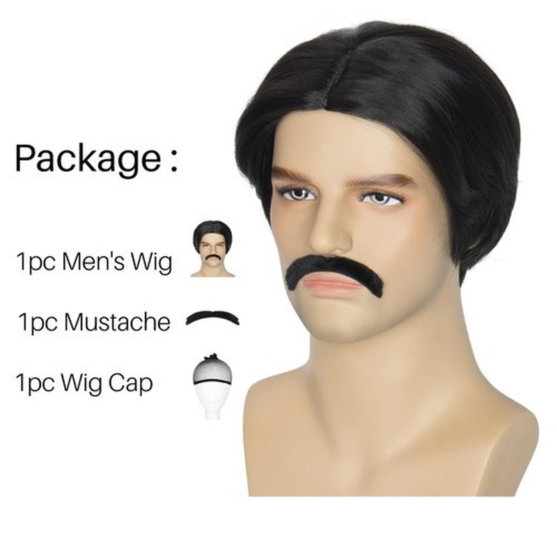 Miss U Hair Men Short Black Straight Wig Distinct Center Parting Mustache Set Cosplay Party Wig